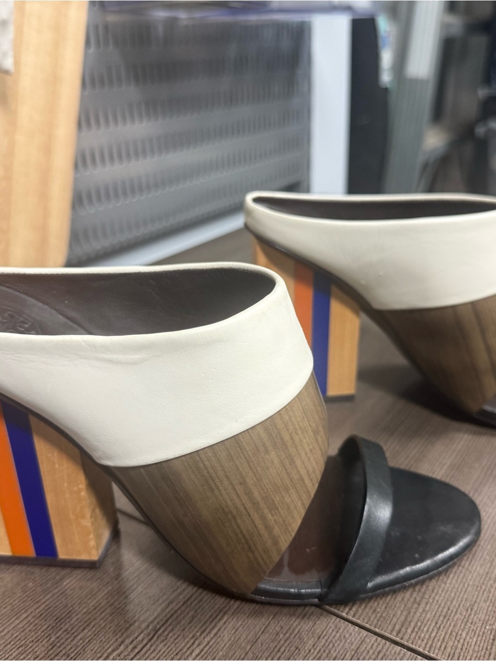 Tory Burch White, Black and Wood Block-Heel Mules with Color-Stripe Accent